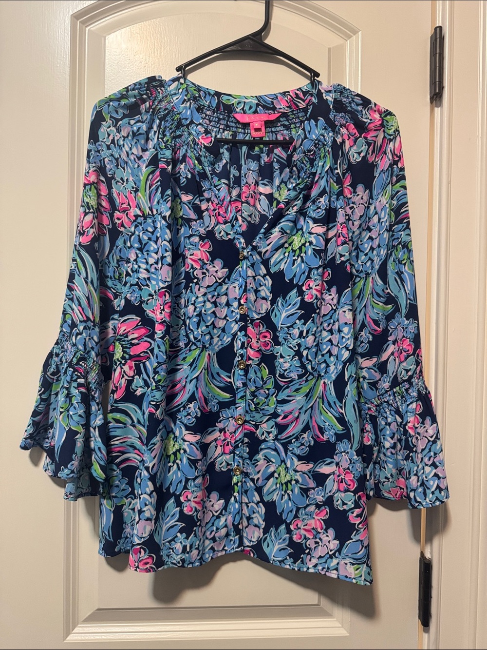 Lilly Pulitzer Navy Button-Front Blouse with Pink, Blue & Green Print